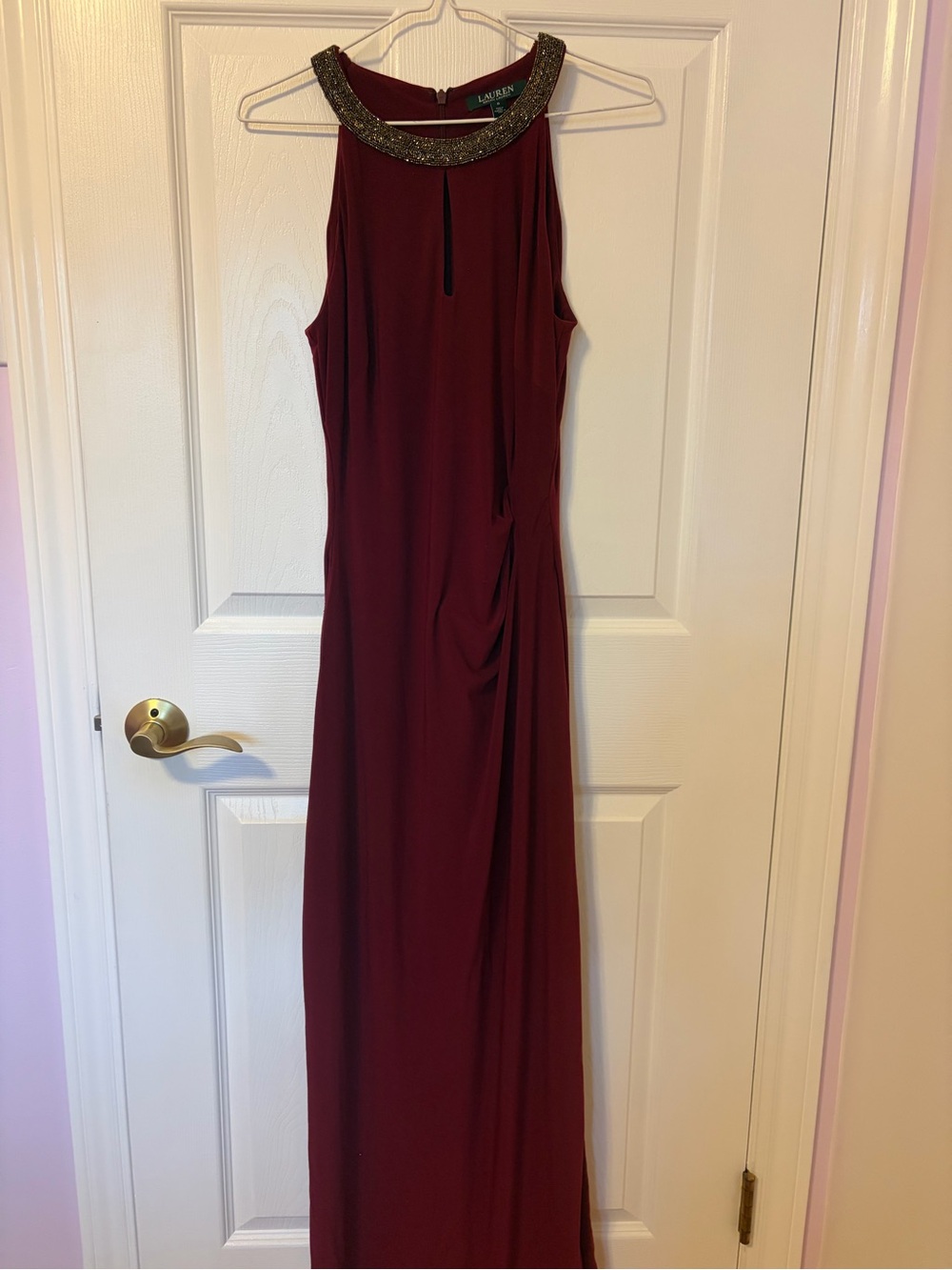 Lauren Ralph Lauren Beaded Halter Maxi Dress in Burgundy